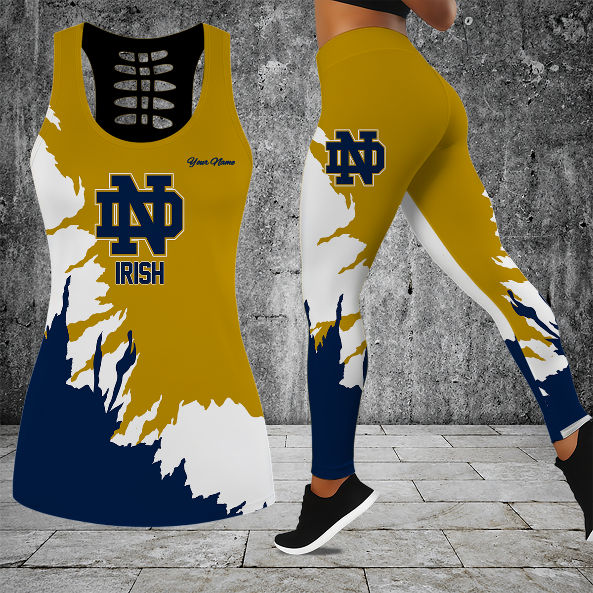 [FAN FAVORITE] NEW CUSTOMIZED NCAA FBS28 NFI NOTRE DAME FIGHTING IRISH HOLLOW TANK TOP & LEGGINGS SET