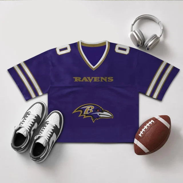 [SPECIAL OFFER] NEW CUSTOMIZED NFL28 BTR BALTIMORE RAVENS V-NECK JERSEY CROP TOP