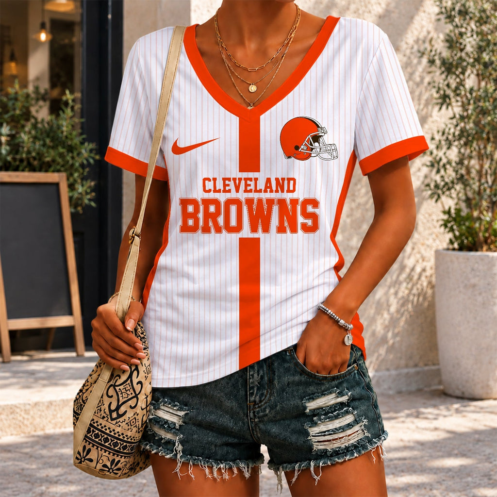 [SPECIAL OFFER] NEW CUSTOMIZED NFL29 CLB CLEVELAND BROWNS V-NECK FEMALE SHIRT