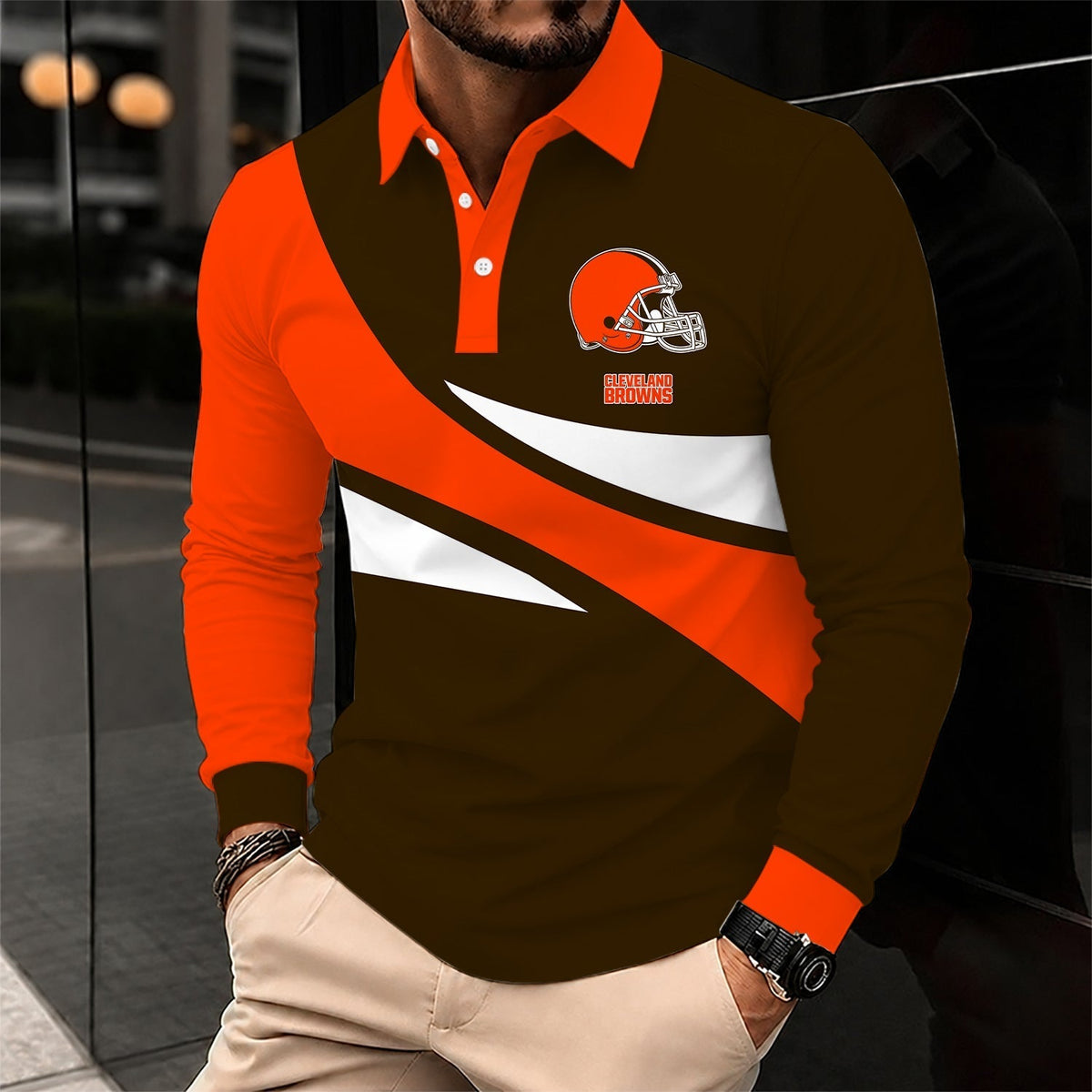 [SPECIAL OFFER] NEW CUSTOMIZED NFL29 CLB CLEVELAND BROWNS LONG SLEEVE POLO SHIRT