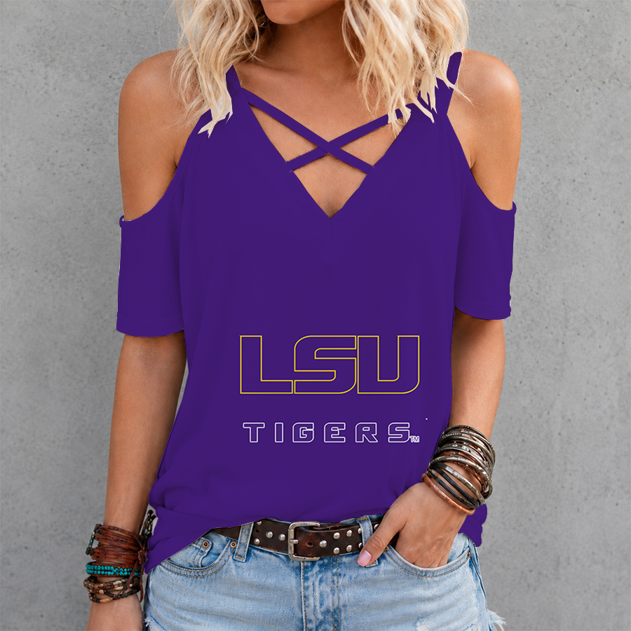 [FAN FAVORITE] NEW CUSTOMIZED NCAA FBS29 LST LSU TIGERS CRISS CROSS V-NECK TOP