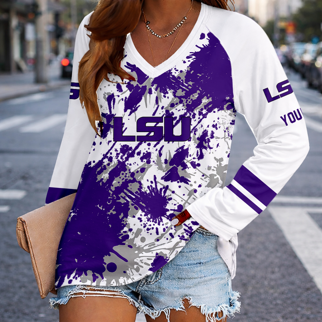 [FAN FAVORITE] NEW CUSTOMIZED NCAA FBS29 LST LSU TIGERS WOMEN'S V-NECK LONG SLEEVED SHIRT