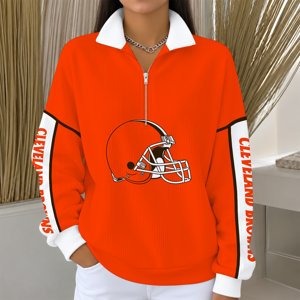 [SPECIAL OFFER] NEW CUSTOMIZED NFL29 CLB CLEVELAND BROWNS QUARTER ZIP RIBBED SWEATER