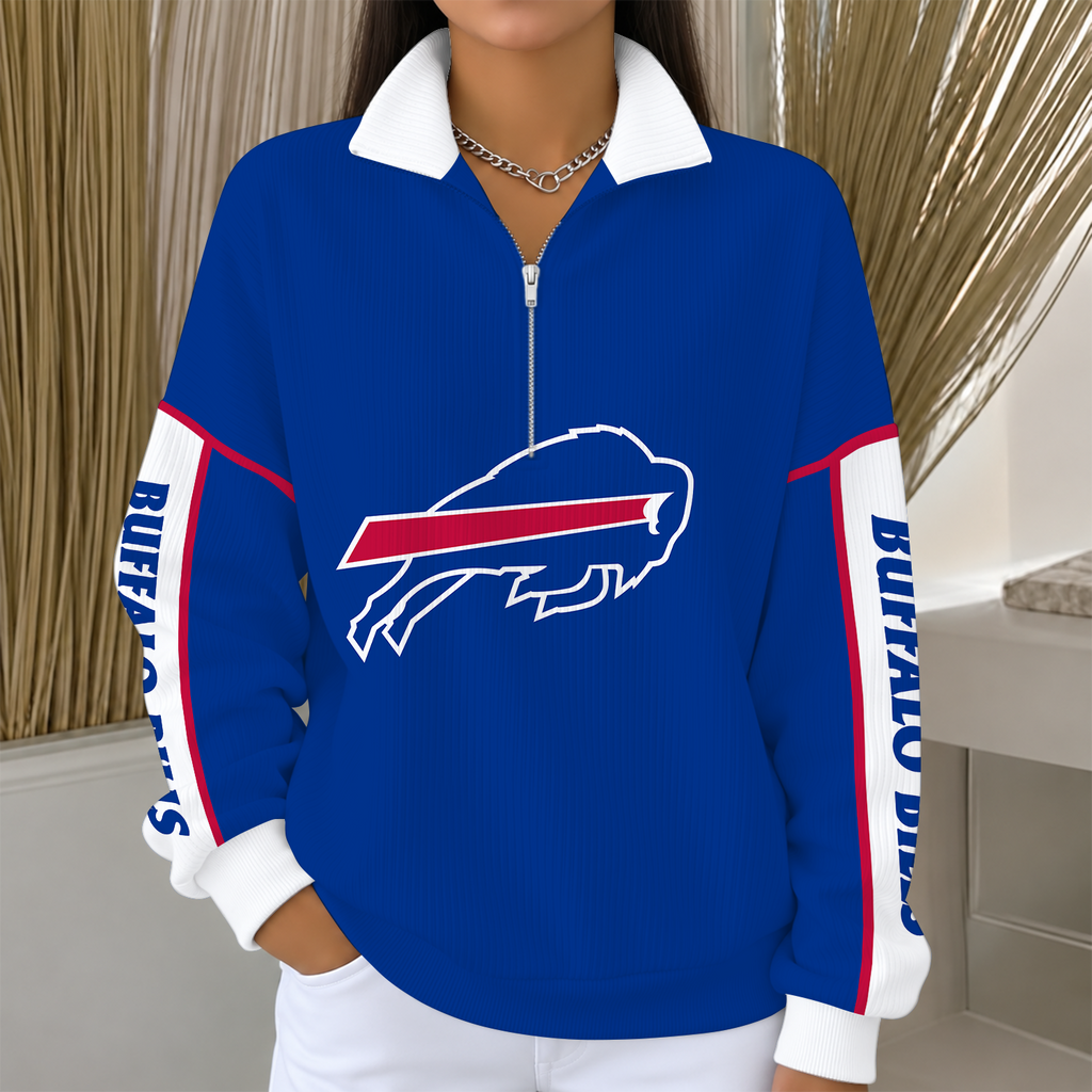 [SPECIAL OFFER] NEW CUSTOMIZED NFL03 BFB BUFFALO BILLS QUARTER ZIP RIBBED SWEATER