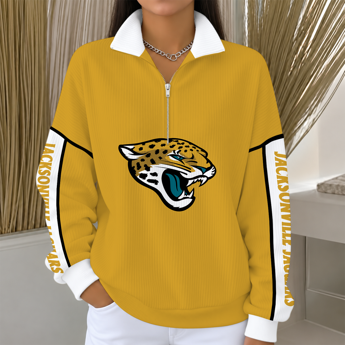 [SPECIAL OFFER] NEW CUSTOMIZED NFL30 JSJ JACKSONVILLE JAGUARS QUARTER ZIP RIBBED SWEATER