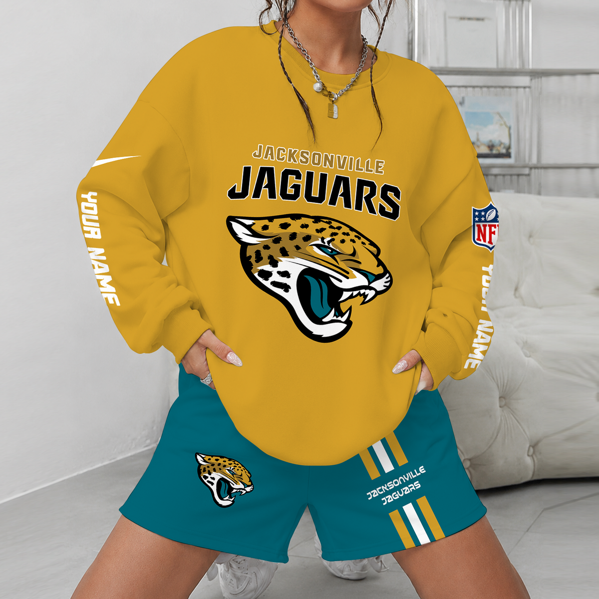 [SPECIAL OFFER] NEW CUSTOMIZED NFL30 JSJ JACKSONVILLE JAGUARS UNISEX SWEATSHIRT & SHORTS SET
