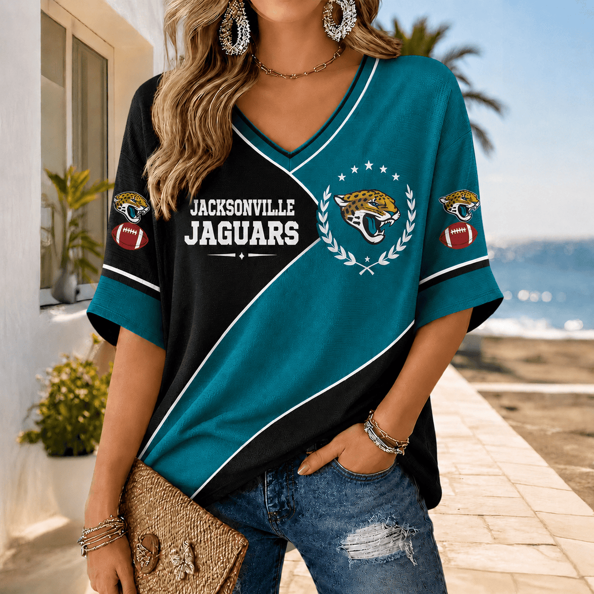 [SPECIAL OFFER] NEW CUSTOMIZED NFL30 JSJ JACKSONVILLE JAGUARS WOMEN'S HEART V-NECK LONG SLEEVE SHIRT