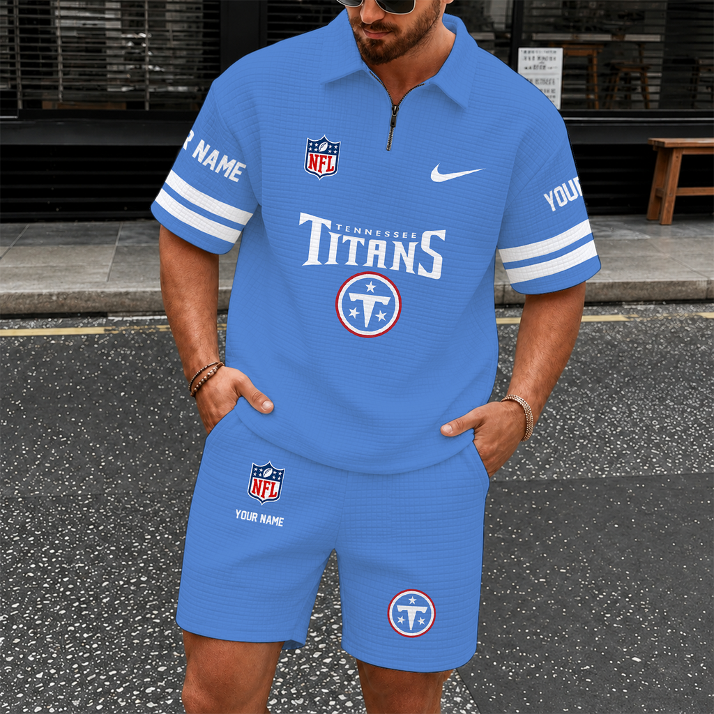 [SPECIAL OFFER] NEW CUSTOMIZED NFL31 TST TENNESSEE TITANS QUARTER-ZIP POLO SHIRT & SHORTS SET