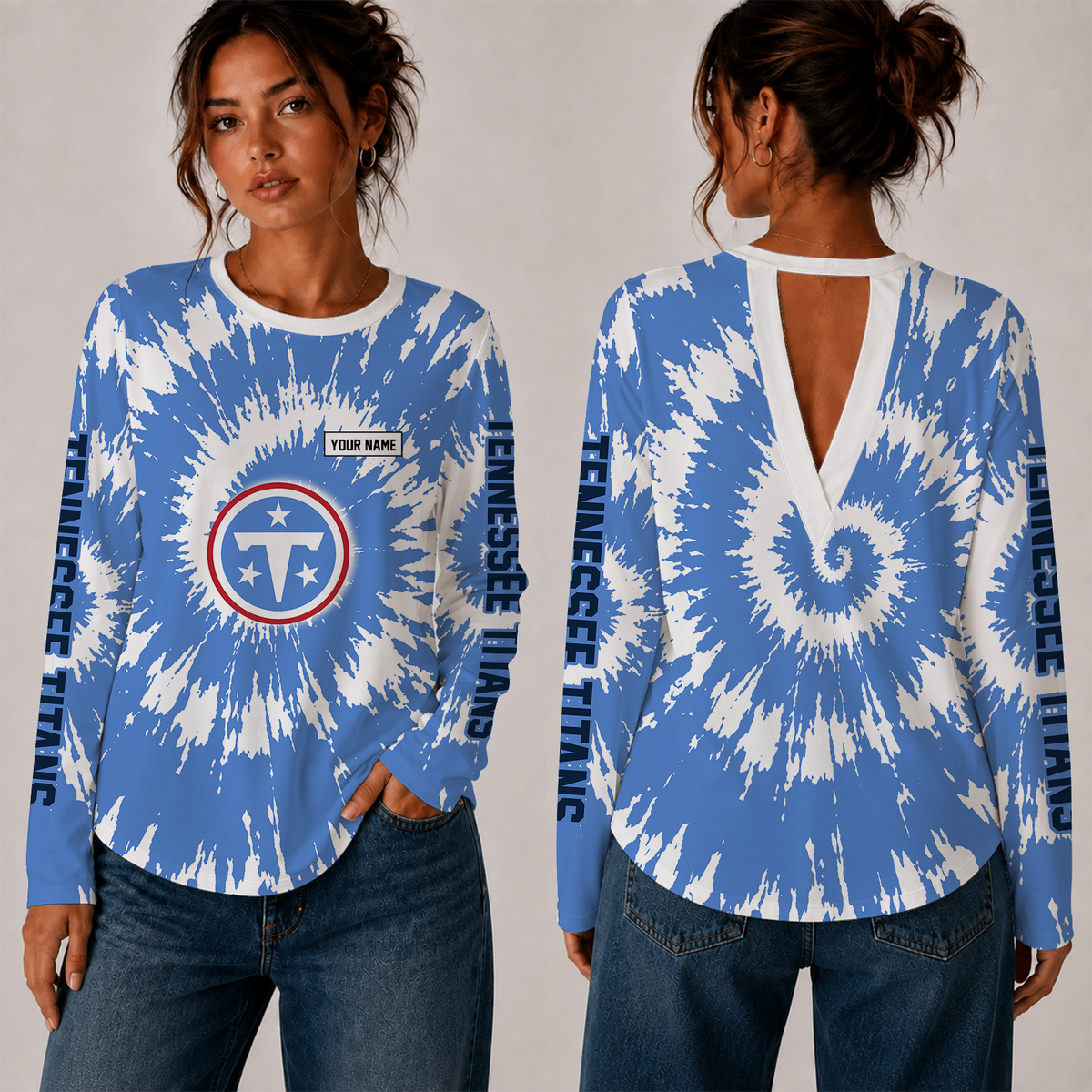 [SPECIAL OFFER] NEW CUSTOMIZED NFL31 TST TENNESSEE TITANS WOMEN'S BACK V-CUT LONG-SLEEVE SHIRT