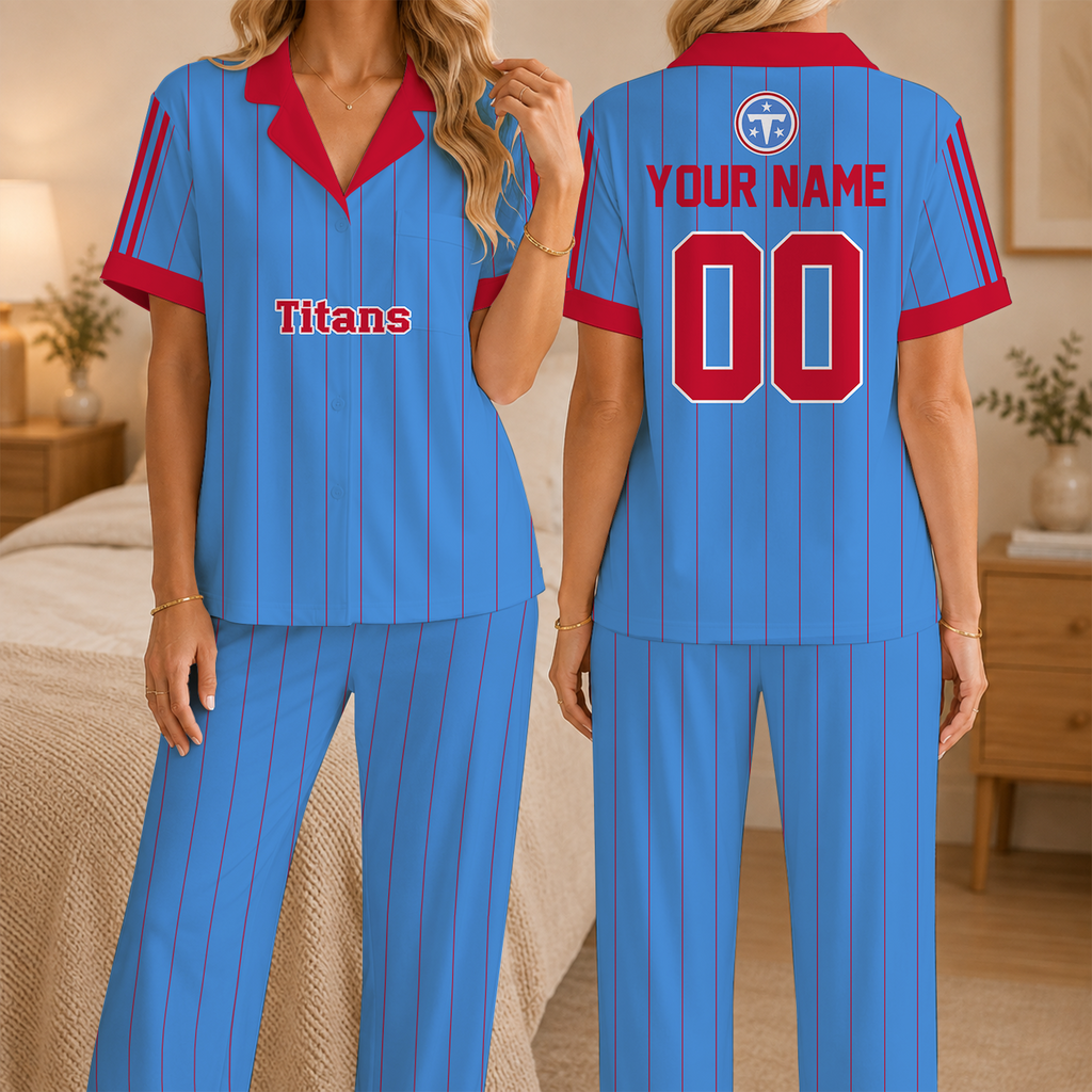 [SPECIAL OFFER] NEW CUSTOMIZED NFL31 TST TENNESSEE TITANS SHORT SLEEVE & LONG PANTS PAJAMAS SET