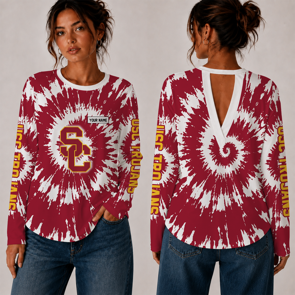 [FAN FAVORITE] NEW CUSTOMIZED NCAA FBS32 USC USC TROJANS WOMEN'S BACK V-CUT LONG-SLEEVE SHIRT