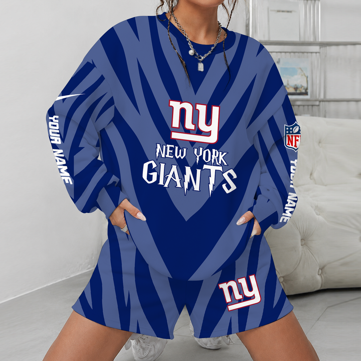 [SPECIAL OFFER] NEW CUSTOMIZED NFL32 NYG NEW YORK GIANTS UNISEX SWEATSHIRT & SHORTS SET