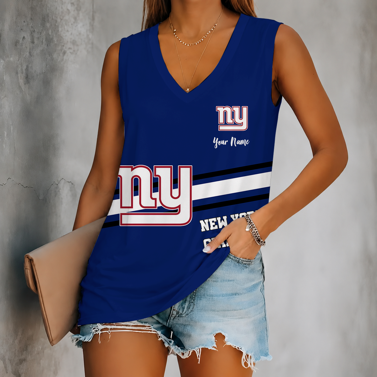 [SPECIAL OFFER] NEW CUSTOMIZED NFL32 NYG NEW YORK GIANTS WOMEN'S V-NECK TANK TOP