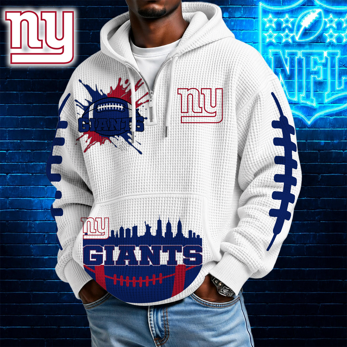 [SPECIAL OFFER] NEW CUSTOMIZED NFL32 NYG NEW YORK GIANTS WAFFLE FULL ZIP HOODIE