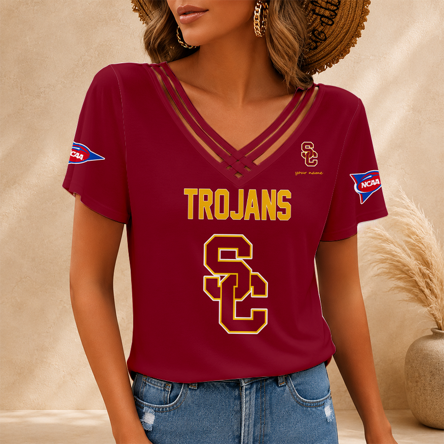 [FAN FAVORITE] NEW CUSTOMIZED NCAA FBS32 USC USC TROJANS V-NECK SHIRT