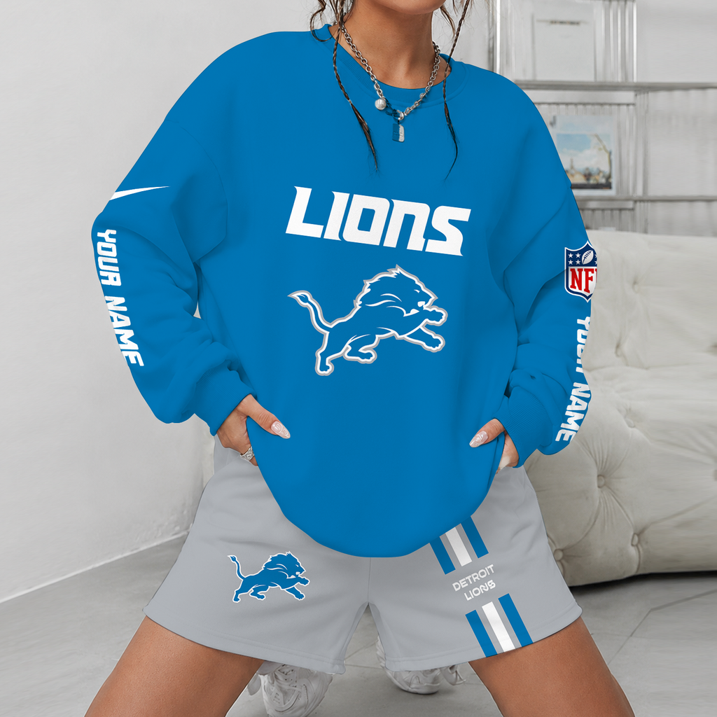 [SPECIAL OFFER] NEW CUSTOMIZED NFL04 DTL DETROIT LIONS UNISEX SWEATSHIRT & SHORTS SET