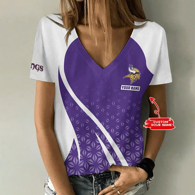 [SPECIAL OFFER] NEW CUSTOMIZED NFL05 MVK MINNESOTA VIKINGS V-NECK FEMALE SHIRT