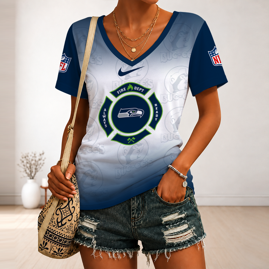 [SPECIAL OFFER] NEW CUSTOMIZED NFL06 SSH SEATLLE SEAHAWKS BUC-EE'S V-NECK FEMALE SHIRT
