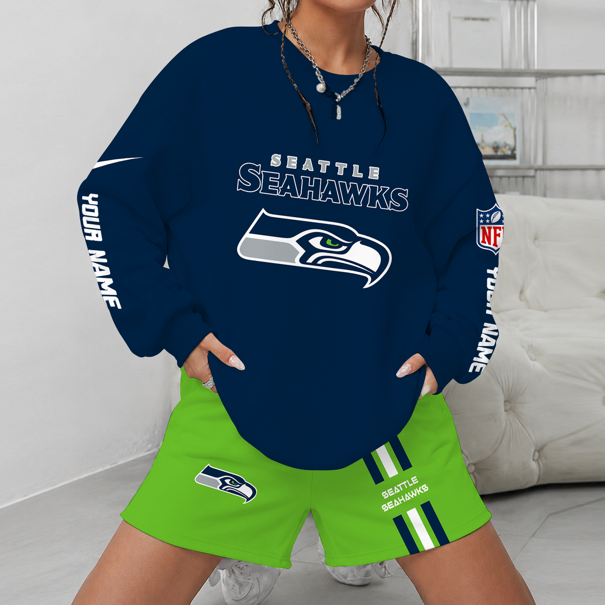 [SPECIAL OFFER] NEW CUSTOMIZED NFL06 SSH SEATTLE SEAHAWKS UNISEX SWEATSHIRT & SHORTS SET