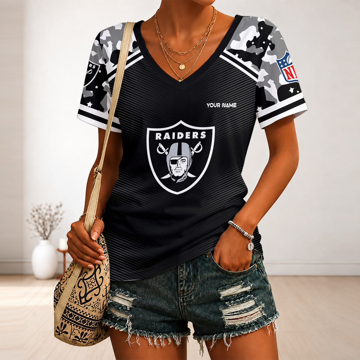 [SPECIAL OFFER] NEW CUSTOMIZED NFL07 LVR LAS VEGAS RAIDERS V-NECK FEMALE SHIRT