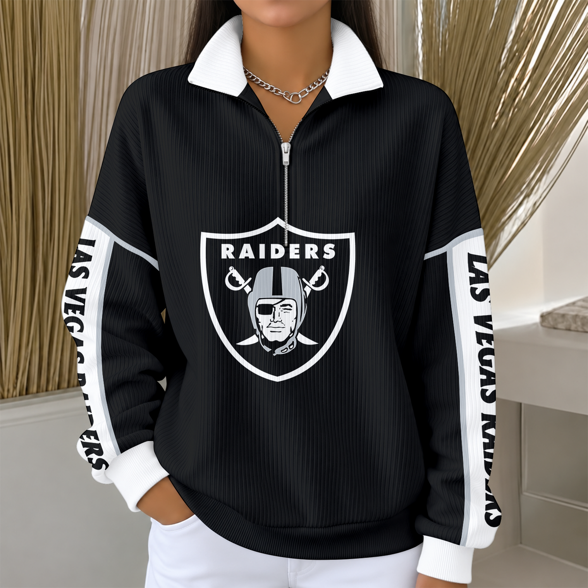 [SPECIAL OFFER] NEW CUSTOMIZED NFL07 LVR LAS VEGAS RAIDERS QUARTER ZIP RIBBED SWEATER