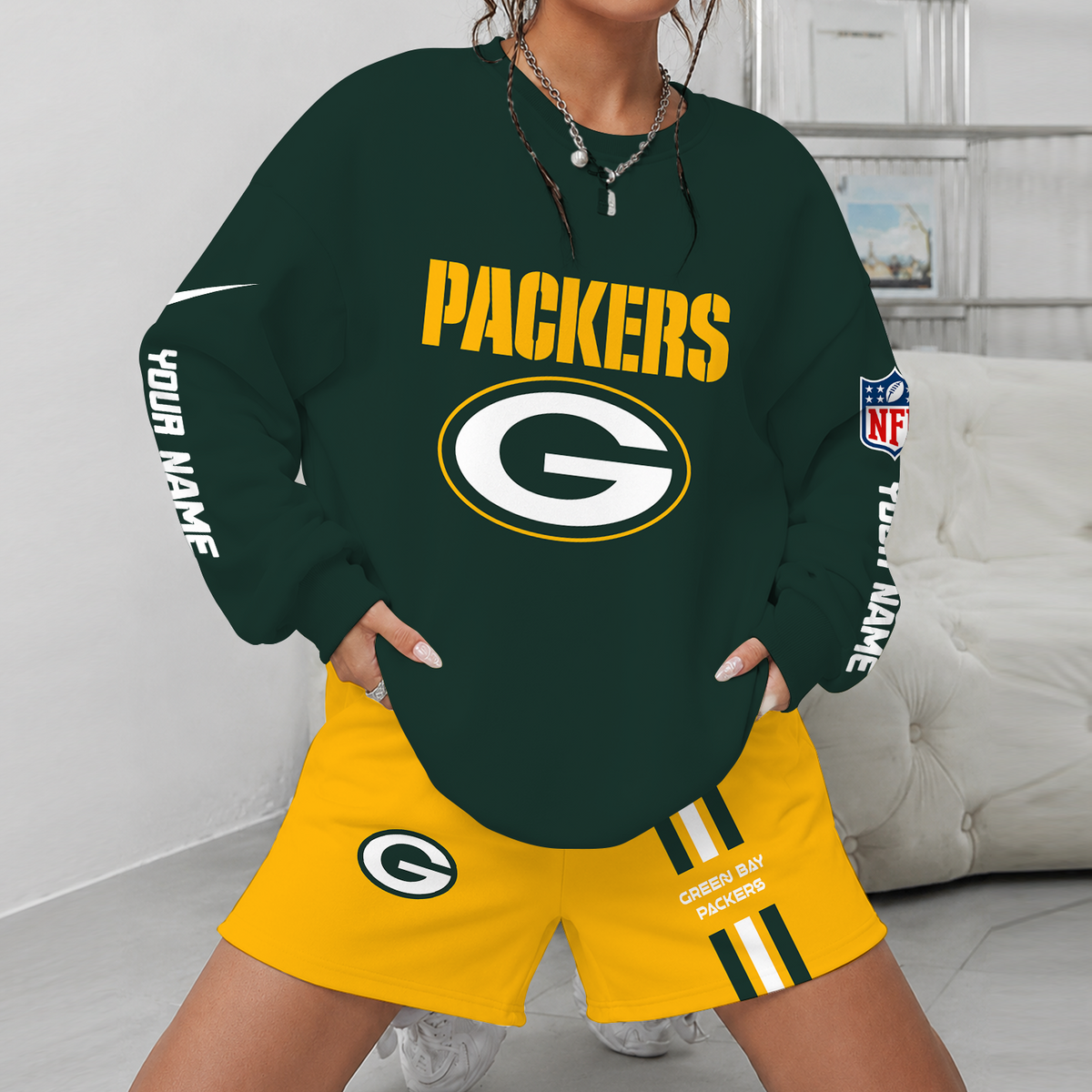 [SPECIAL OFFER] NEW CUSTOMIZED NFL08 GBP GREEN BAY PACKERS UNISEX SWEATSHIRT & SHORTS SET